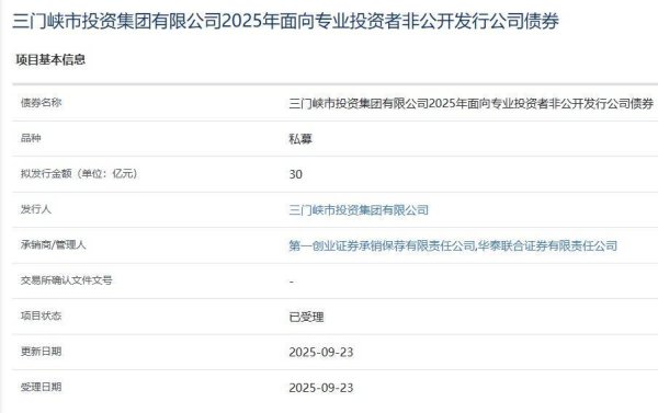 港陆证券 三门峡投资集团拟发行30亿元公司债，获上交所受理